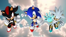 Size: 1920x1080 | Tagged: safe, artist:soniclover82, shadow the hedgehog, silver the hedgehog, sonic the hedgehog, 3d, trio, wallpaper