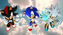 Size: 1192x670 | Tagged: safe, artist:soniclover82, shadow the hedgehog, silver the hedgehog, sonic the hedgehog, 3d, alternate version, trio, wallpaper