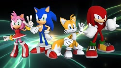 Size: 1920x1080 | Tagged: safe, artist:soniclover82, amy rose, knuckles the echidna, miles "tails" prower, sonic the hedgehog, 3d, group, wallpaper