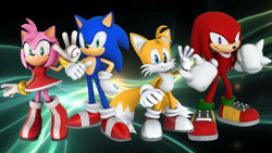 Size: 1192x670 | Tagged: safe, artist:soniclover82, amy rose, knuckles the echidna, miles "tails" prower, sonic the hedgehog, 3d, alternate version, group, wallpaper