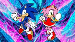 Size: 1920x1080 | Tagged: safe, artist:soniclover82, amy rose, sonic the hedgehog, amy x sonic, duo, shipping, straight, wallpaper