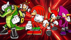 Size: 1920x1080 | Tagged: safe, artist:soniclover82, charmy bee, espio the chameleon, knuckles the echidna, mighty the armadillo, vector the crocodile, knuckles chaotix, group, team chaotix, wallpaper