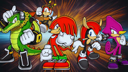 Size: 1192x670 | Tagged: safe, artist:soniclover82, charmy bee, espio the chameleon, knuckles the echidna, vector the crocodile, knuckles chaotix, alternate version, group, team chaotix, wallpaper
