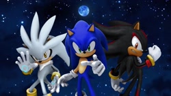 Size: 1920x1080 | Tagged: safe, artist:soniclover82, shadow the hedgehog, silver the hedgehog, sonic the hedgehog, sonic the hedgehog (2006), 3d, moon, star (sky), trio, wallpaper
