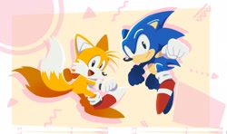 Size: 2048x1214 | Tagged: safe, artist:stupidfred0, miles "tails" prower, sonic the hedgehog, 2021, abstract background, border, classic sonic, classic tails, clenched fist, duo, looking at viewer, mid-air, mouth open, open smile, smile, smiling at viewer
