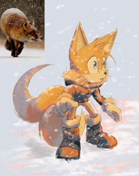 Size: 1617x2048 | Tagged: safe, artist:vinsoldier, miles "tails" prower, 2025, abstract background, boots, buckle, clothes, coat, looking offscreen, mouth open, outdoors, reference inset, snow, snowing, solo, standing, winter outfit