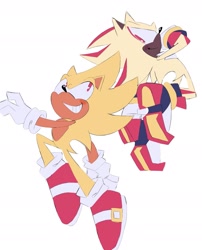 Size: 1441x1782 | Tagged: safe, artist:mihnnt, shadow the hedgehog, sonic the hedgehog, super shadow, 2025, back to back, clenched fist, dark skin, duo, flat colors, flying, mid-air, simple background, smile, super form, tan skin, white background