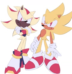 Size: 1400x1448 | Tagged: safe, artist:mihnnt, shadow the hedgehog, sonic the hedgehog, super shadow, super sonic, 2025, arms folded, dark skin, duo, flat colors, frown, looking at viewer, simple background, smile, standing, super form, tan skin, white background