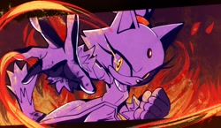 Size: 2048x1186 | Tagged: safe, artist:nikkikaji, blaze the cat, 2025, abstract background, clenched fist, fire, frown, glowing eyes, hand out, looking at viewer, monochrome, reaching towards the viewer, solo, spot color