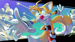 Size: 1920x1080 | Tagged: safe, artist:ebetteran, miles "tails" prower, 2025, abstract background, clouds, daytime, grass blade, looking offscreen, mouth open, open smile, outdoors, reaching out, shooting star, smile, solo
