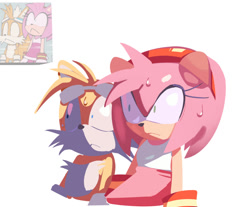 Size: 721x598 | Tagged: safe, artist:kikuekat, amy rose, miles "tails" prower, 2025, duo, frown, idw, lineless, looking offscreen, redraw, reference inset, riders outfit, shrunken pupils, simple background, sweatdrop, white background