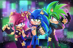 Size: 2048x1345 | Tagged: safe, artist:happyfoxx, sonia the hedgehog, sonic the hedgehog, sonic underground, 2025, abstract background, alternate universe, biker jacket, clothes, crossover, ear piercing, earring, jacket, k-pop demon hunters, lidded eyes, looking at viewer, manic the hedgehog, microphone, necklace, pants, siblings, smile, standing, trio