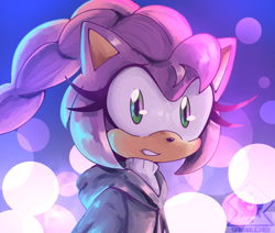 Size: 2048x1733 | Tagged: safe, artist:sakaruchibi, amy rose, 2025, abstract background, clothes, crossover, k-pop demon hunters, looking at viewer, rumi (k-pop demon hunters), signature, smile, solo, watermark
