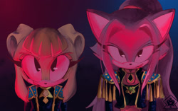 Size: 2048x1284 | Tagged: safe, artist:sakaruchibi, blaze the cat, cream the rabbit, 2025, aged up, clothes, crossover, duo, gradient background, k-pop demon hunters, looking up, mira (k-pop demon hunters), mouth open, older, open smile, signature, smile, standing, watermark, zoey (k-pop demon hunters)