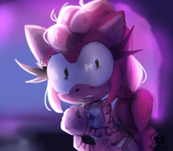 Size: 2048x1784 | Tagged: safe, artist:sakaruchibi, amy rose, 2025, abstract background, clenched teeth, clothes, crossover, demon markings, frown, k-pop demon hunters, rumi (k-pop demon hunters), shrunken pupils, signature, solo, standing, watermark