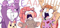 Size: 2048x952 | Tagged: safe, artist:sakaruchibi, amy rose, blaze the cat, cream the rabbit, 2025, aged up, clenched fists, clenched teeth, clothes, crossover, dialogue, faic, flat colors, huntr/x, k-pop demon hunters, mira (k-pop demon hunters), mouth open, older, pijamas, rumi (k-pop demon hunters), shrunken pupils, simple background, text, trio, white background, yelling, zoey (k-pop demon hunters)