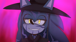 Size: 2048x1152 | Tagged: safe, artist:tarasdiary, sonic the hedgehog, 2025, alternate eye color, clenched teeth, clothes, crossover, demon markings, gradient background, hat, jinu (k-pop demon hunters), k-pop demon hunters, lidded eyes, looking at viewer, smile, smiling at viewer, solo, yellow sclera