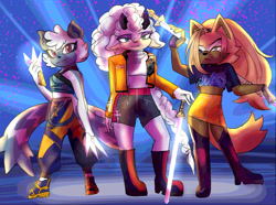 Size: 2048x1520 | Tagged: safe, artist:ahratty, lanolin the sheep, tangle the lemur, whisper the wolf, 2025, abstract background, clothes, crossover, diamond cutters, frown, holding something, huntr/x, k-pop demon hunters, looking at viewer, mira (k-pop demon hunters), posing, rumi (k-pop demon hunters), smile, standing, sword, trio, zoey (k-pop demon hunters)