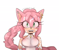 Size: 2048x1757 | Tagged: safe, artist:tarasdiary, amy rose, hedgehog, 2025, choker, clothes, cosplay, crossover, demon markings, ear piercing, earring, english text, female, fur markings, heart, k-pop demon hunters, looking at viewer, mouth open, open smile, rumi (k-pop demon hunters), simple background, smile, smiling at viewer, solo, standing, text, white background