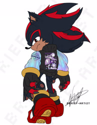Size: 2048x2633 | Tagged: safe, artist:brief-artist, shadow the hedgehog, 2025, cheek fluff, clothes, crossover, ear fluff, fingerless gloves, flat colors, frown, gloves, huntr/x, jacket, k-pop demon hunters, lidded eyes, looking at viewer, looking back, looking back at viewer, mira (k-pop demon hunters), pawpads, rumi (k-pop demon hunters), shadow's hover skates, shoes, signature, simple background, solo, tan skin, walking, white background, zoey (k-pop demon hunters)