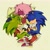 Size: 2048x2048 | Tagged: safe, artist:eury-d1ce, sonia the hedgehog, sonic the hedgehog, hedgehog, sonic underground, 2025, clothes, eyes closed, female, hand on another's head, lidded eyes, lying down, lying on side, male, manic the hedgehog, mouth open, pillow, siblings, signature, simple background, sleeping, smile, trio