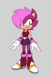 Size: 553x812 | Tagged: safe, artist:utecna, sonia the hedgehog, hedgehog, 2025, belt, boots, clothes, eyelashes, female, flat colors, gloves, grey background, looking at viewer, mouth open, open smile, redesign, simple background, skirt, sleeveless shirt, smile, smiling at viewer, socks, solo, standing