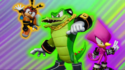 Size: 1192x670 | Tagged: safe, artist:soniclover82, charmy bee, espio the chameleon, vector the crocodile