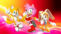 Size: 1192x670 | Tagged: safe, artist:soniclover82, amy rose, cream the rabbit, miles "tails" prower