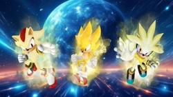 Size: 1920x1080 | Tagged: safe, artist:soniclover82, shadow the hedgehog, sonic the hedgehog, super shadow, super sonic, super form, super silver
