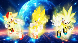 Size: 600x337 | Tagged: safe, artist:soniclover82, shadow the hedgehog, sonic the hedgehog, super shadow, super sonic, super form, super silver