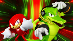 Size: 1192x670 | Tagged: safe, artist:soniclover82, knuckles the echidna, vector the crocodile, 3d, alternate version, duo, wallpaper