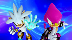 Size: 1192x670 | Tagged: safe, artist:soniclover82, espio the chameleon, silver the hedgehog, 3d, alternate version, duo, wallpaper