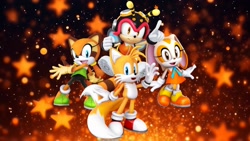 Size: 1920x1080 | Tagged: safe, artist:nibroc-rock, artist:soniclover82, charmy bee, cream the rabbit, marine the raccoon, miles "tails" prower, 3d, edit, group, wallpaper