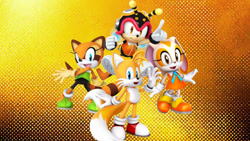 Size: 1192x670 | Tagged: safe, artist:nibroc-rock, artist:soniclover82, charmy bee, cream the rabbit, marine the raccoon, miles "tails" prower, 3d, alternate version, edit, group, wallpaper