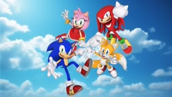 Size: 1920x1080 | Tagged: safe, artist:soniclover82, amy rose, knuckles the echidna, miles "tails" prower, sonic the hedgehog, 3d, clouds, group, team sonic, wallpaper