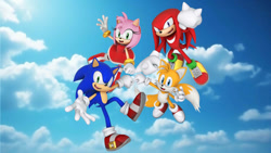 Size: 1192x670 | Tagged: safe, artist:soniclover82, amy rose, knuckles the echidna, miles "tails" prower, sonic the hedgehog, 3d, alternate version, clouds, group, team sonic, wallpaper