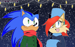 Size: 1709x1068 | Tagged: safe, artist:risziarts, sally acorn, sonic the hedgehog, chipmunk, hedgehog, alternate outfit, au:sonic world travel, blue power pattern, celebration, clothes, cyan power pattern, date, duo, female, lights, male, sally x sonic, scarf, shipping, snow, straight