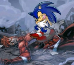 Size: 1080x949 | Tagged: safe, sonic the hedgehog, anonymous editor, apocalyptic scenario, crossover, duo, edit, laughing, standing on them, the flash