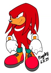Size: 923x1308 | Tagged: safe, artist:pingsley_, knuckles the echidna, 2025, flat colors, looking offscreen, signature, simple background, smile, solo, standing, tan skin, white background