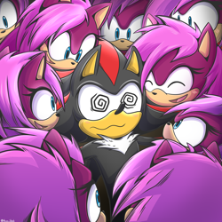 Size: 2000x2000 | Tagged: safe, artist:haiiroslash, shadow the hedgehog, sonia the hedgehog, 2024, clone, duo, surrounded, swirly eyes