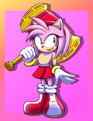 Size: 2000x2600 | Tagged: safe, artist:haiiroslash, amy rose, 2024, holding something, piko piko hammer, shirtless, skirt, solo, standing