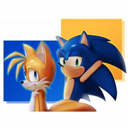 Size: 2048x2047 | Tagged: safe, artist:adoniism_, miles "tails" prower, sonic the hedgehog, 2025, abstract background, alternate version, arms behind head, duo, lidded eyes, looking at viewer, smile, smiling at viewer, standing
