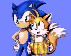 Size: 1280x998 | Tagged: safe, artist:animepianistgirl, miles "tails" prower, sonic the hedgehog, 2023, arm around shoulders, duo, holding something, looking at each other, miles electric, purple background, simple background, smile, smiling at each other, standing