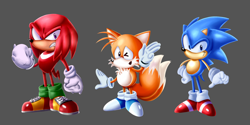 Size: 6000x3000 | Tagged: safe, artist:someothermember, knuckles the echidna, miles "tails" prower, sonic the hedgehog, 2025, absurd res, blue shoes, classic knuckles, classic sonic, classic tails, grey background, lineless, simple background, standing, team sonic, trio