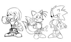 Size: 5000x3000 | Tagged: safe, artist:someothermember, knuckles the echidna, miles "tails" prower, sonic the hedgehog, 2024, classic knuckles, classic sonic, classic tails, clenched teeth, line art, looking at viewer, monochrome, simple background, smile, standing, team sonic, trio, white background