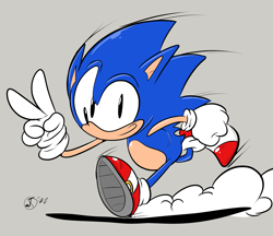 Size: 1744x1507 | Tagged: safe, artist:jaqartdood, sonic the hedgehog, 2022, classic sonic, dust clouds, grey background, running, shadow (lighting), signature, simple background, smile, smiling at viewer, solo, v sign