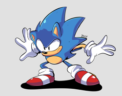 Size: 2305x1825 | Tagged: safe, artist:jaqartdood, sonic the hedgehog, 2021, arms out, classic sonic, frown, grey background, looking offscreen, posing, shadow (lighting), signature, simple background, solo, standing