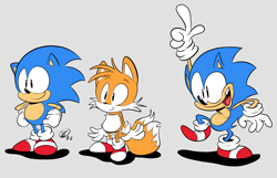 Size: 3292x2118 | Tagged: safe, artist:jaqartdood, miles "tails" prower, sonic the hedgehog, 2022, classic sonic, classic tails, duo, flat colors, grey background, hands on hips, looking offscreen, mouth open, open smile, pointing, shadow (lighting), simple background, smile, standing, standing on one leg