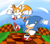 Size: 3525x3128 | Tagged: safe, artist:jaqartdood, miles "tails" prower, sonic the hedgehog, green hill zone, 2021, abstract background, classic sonic, classic tails, clenched fists, clouds, daytime, duo, flying, grass, looking offscreen, mid-air, orange brown checkerboard, outdoors, ring, shadow (lighting), signature, smile, standing, standing on one leg
