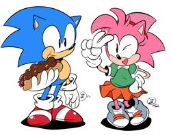 Size: 2223x1758 | Tagged: safe, artist:jaqartdood, amy rose, sonic the hedgehog, 2022, chewing, chili dog, classic amy, classic sonic, duo, eating, flat colors, food, hand on hip, holding something, looking offscreen, open smile, shadow (lighting), signature, simple background, smile, smiling at viewer, standing, v sign, white background, wink